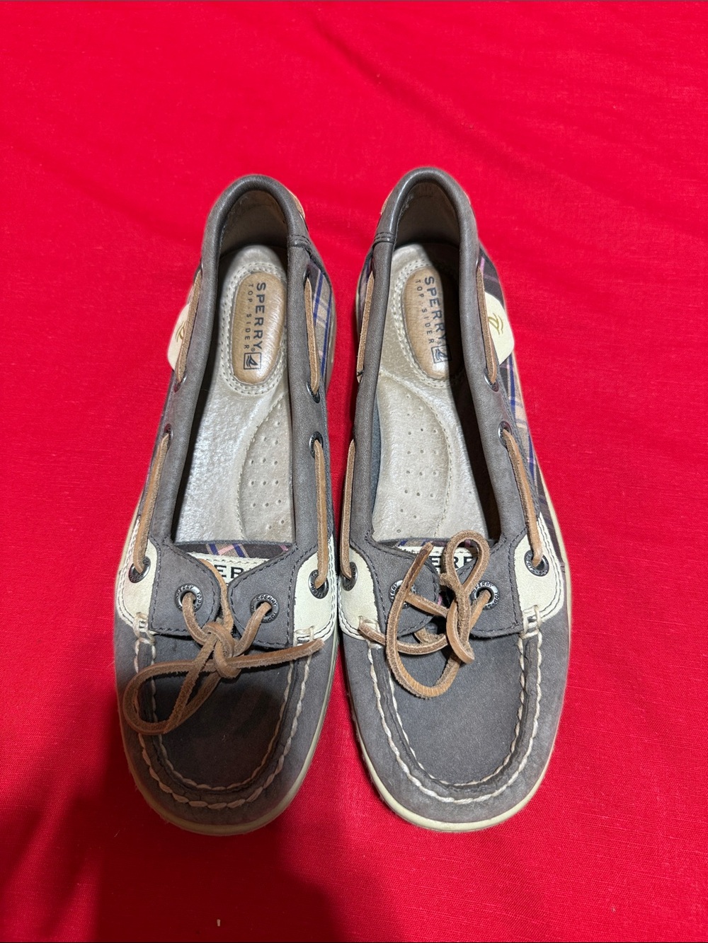 Sperry Gray Canvas Boat Shoes with Tan Laces and Cream Trim